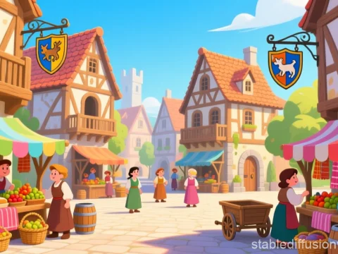 Lively Fairy Tale Medieval Town Market Scene