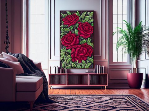 Living Room with Bold Red Rose Painting and Modern Decor