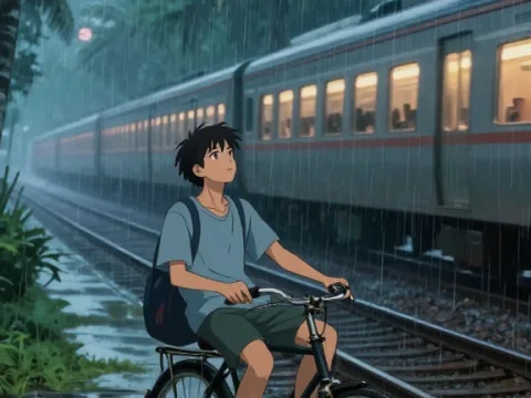 Lofi Anime Rain Scene with Boy on Bicycle by Train Tracks