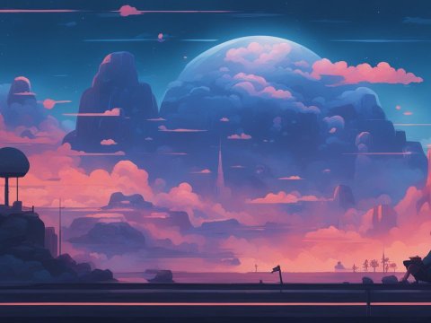 Lofi Sunset with a Dreamy Planet and Silhouetted Figure