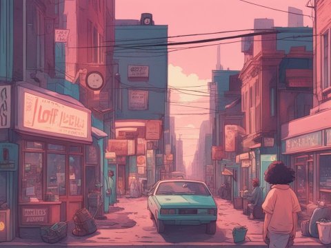 Lofi Urban Street Scene at Sunset