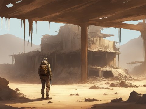 Lone Explorer in a Post-Apocalyptic Desert Ruin