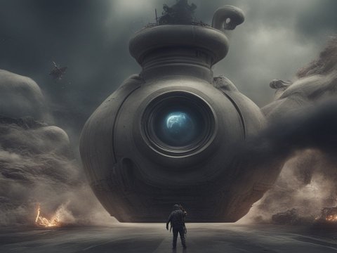 Lone Figure Facing Massive Futuristic Machine with Earth View