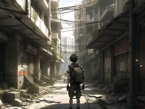 Lone Figure in a Post-Apocalyptic Urban Street