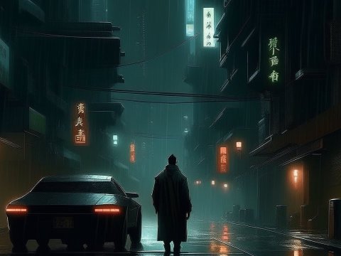 Lone Figure in Neon-Lit Cyberpunk Alley