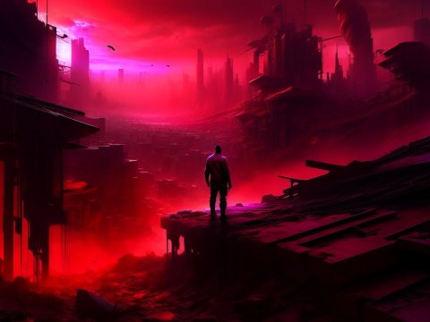 Lone Figure Overlooking a Dystopian Red Cityscape