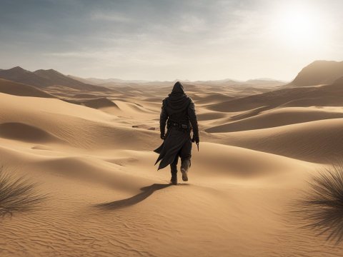 Lone Figure Walking Through Vast Desert Dunes