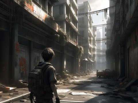 Lone Survivor in Post-Apocalyptic Urban Ruins