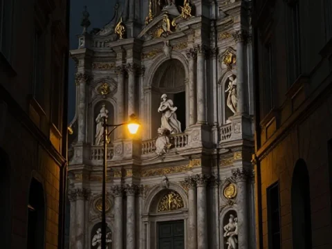 Lone Walker on Rainy Street Facing Illuminated Baroque Church