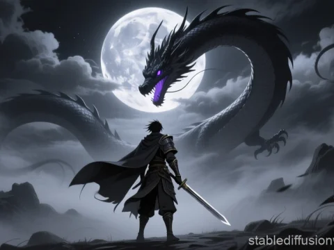 Lone Warrior Facing a Giant Dragon Under the Full Moon