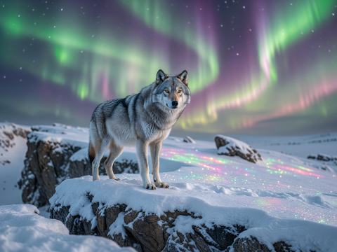 Lone Wolf Beneath the Northern Lights
