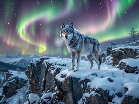 Lone Wolf Standing on Snowy Cliff Under Aurora Borealis