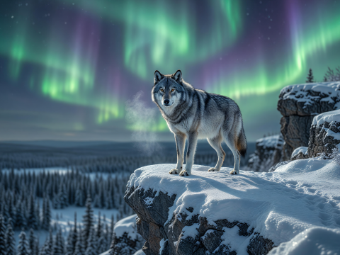 Lone Wolf Standing on Snowy Cliff Under Aurora Borealis