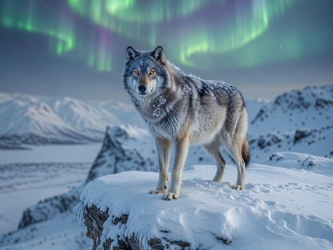 Lone Wolf Standing on Snowy Cliff Under Northern Lights