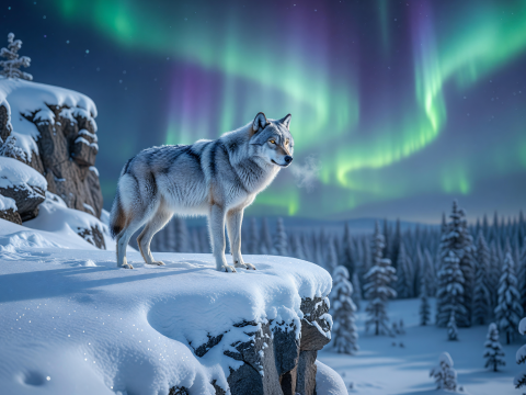 Lone Wolf Standing on Snowy Cliff Under Northern Lights