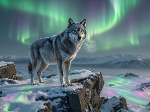 Lone Wolf Standing Under the Northern Lights
