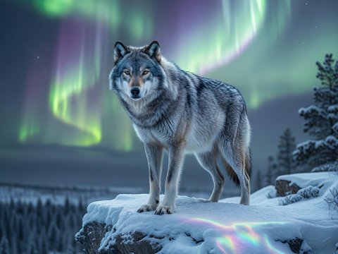 Lone Wolf Under the Northern Lights