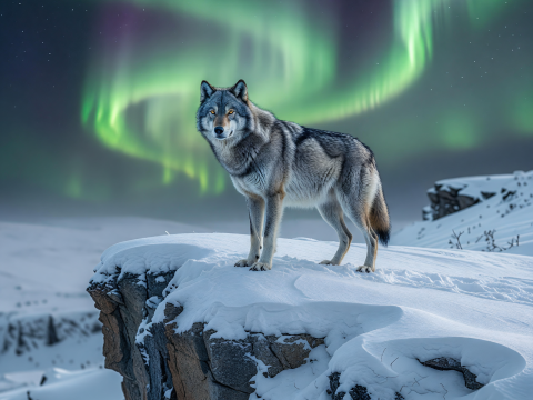 Lone Wolf Under the Northern Lights