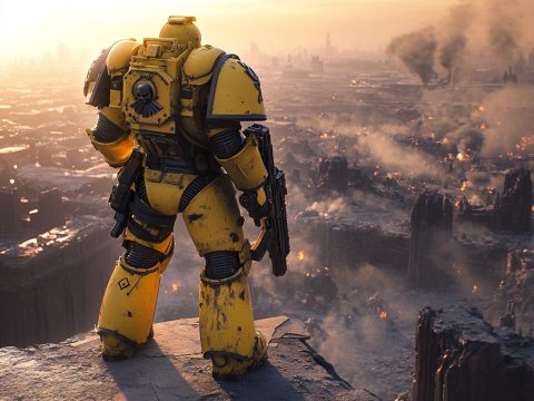 Lone Yellow Armored Soldier Overlooking a Devastated City