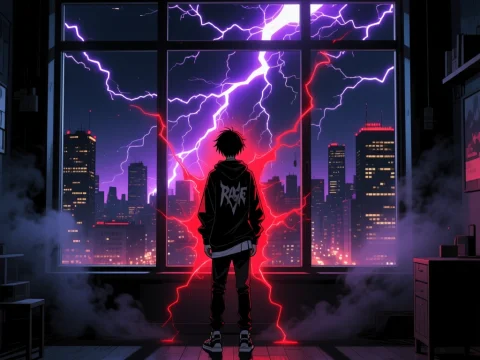 Lonely Anime Character Facing Electric Storm Over Cityscape