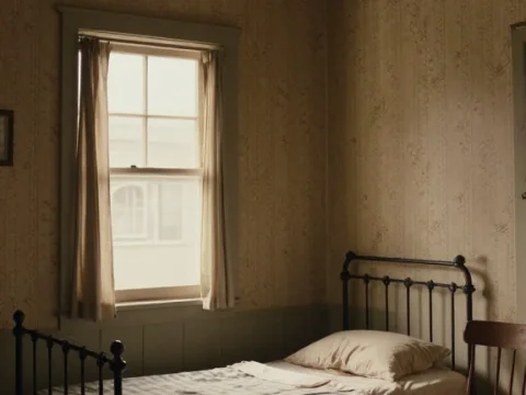 Lonely Boarding House Room with Iron Bed and Wooden Chair