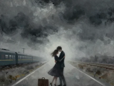 Lonely Dancers Embracing on Misty Train Platform
