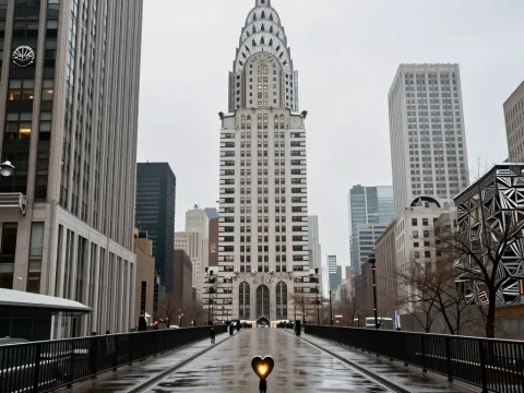 Lonely Heart on Rainy City Bridge with Iconic Skyscraper