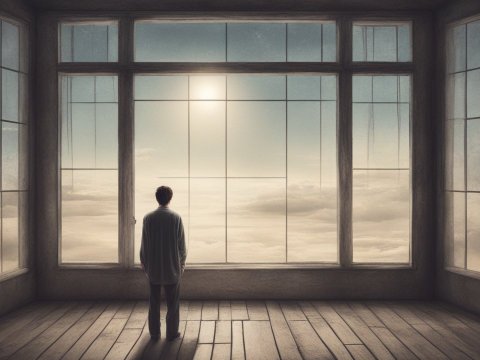 Lonely Man Gazing Through Large Window at Cloudy Sky