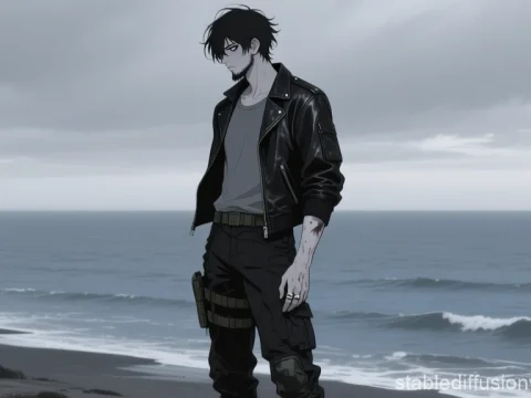 Lonely Man Standing by the Ocean in Moody Anime Style