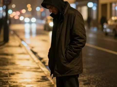 Lonely Man Standing on Rainy City Street at Night