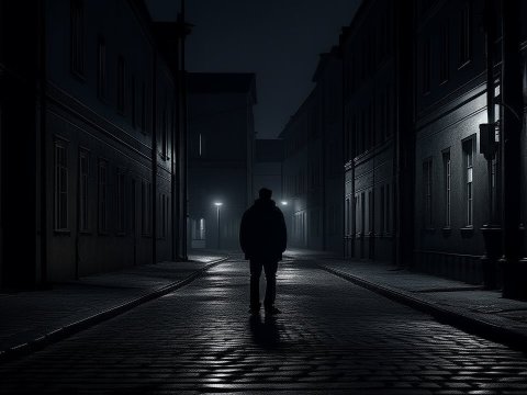 Lonely Man Walking Down a Dark Urban Street at Night