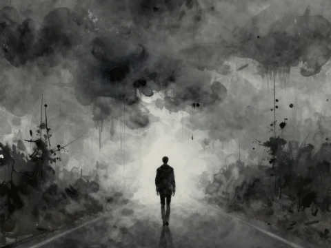 Lonely Man Walking Through Misty Road