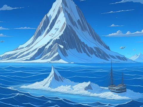 Lonely Snow-Covered Mountain with Ship in Calm Blue Sea