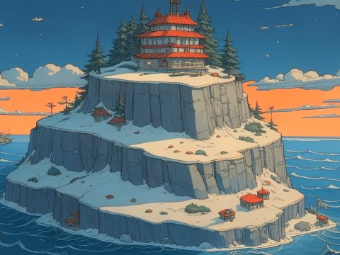 Lonely Snowy Island with Pagoda at Sunset