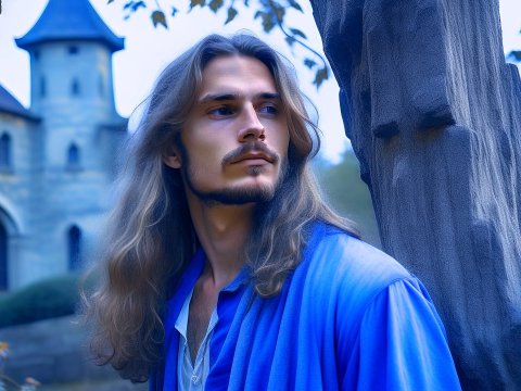 Long-Haired Man in Blue Cloak by a Carved Tree Near Castle