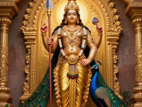 Lord Murugan Statue with Peacock in Ornate Golden Shrine