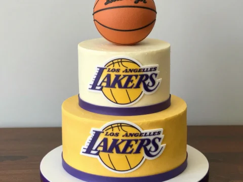 Los Angeles Lakers Themed Two-Tier Cake with Basketball Topper