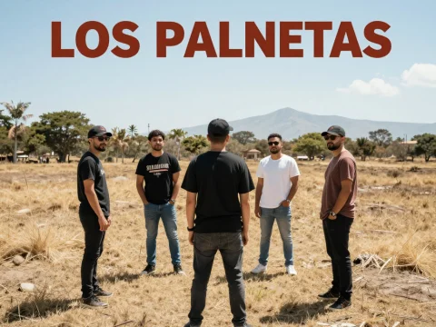 Los Palnetas Band Standing in Dry Field with Mountain Background