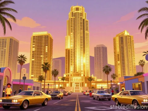 Los Santos Sunset Cityscape with Classic Cars