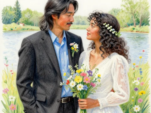 Loving Couple by the River in a Romantic Oil Painting