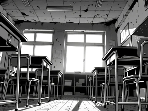 Low Angle View of Abandoned Classroom in Black and White