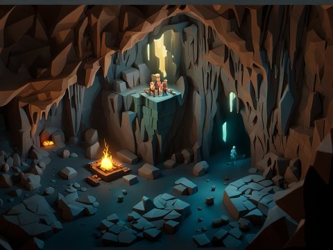 Low Poly 3D Cave Interior with Campfire and Figures