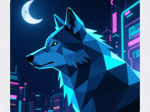 Low Poly Blue Wolf Silhouette in Neon Cyberpunk City