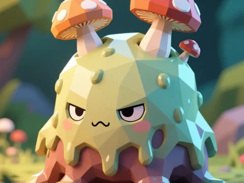 Low Poly Cute Goo Creature with Mushrooms