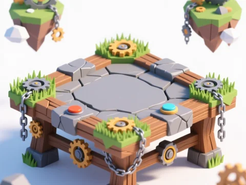 Low Poly Fantasy Game Platform with Gears and Chains