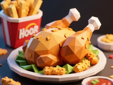 Low Poly Fried Chicken with Fries and Sauce