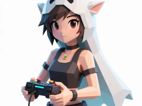 Low-Poly Gamer Girl in Cat Hood Holding Controller