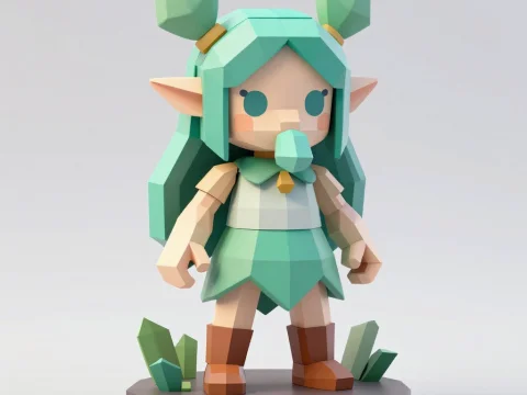 Low Poly Mint-Haired Elf Character Figurine