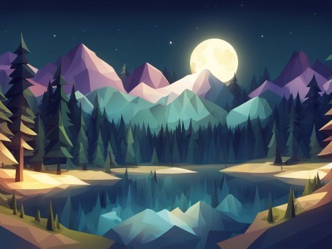 Low-Poly Summer Night Forest Lake with Full Moon