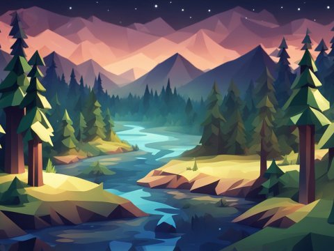 Low-Poly Summer Night Forest River Landscape